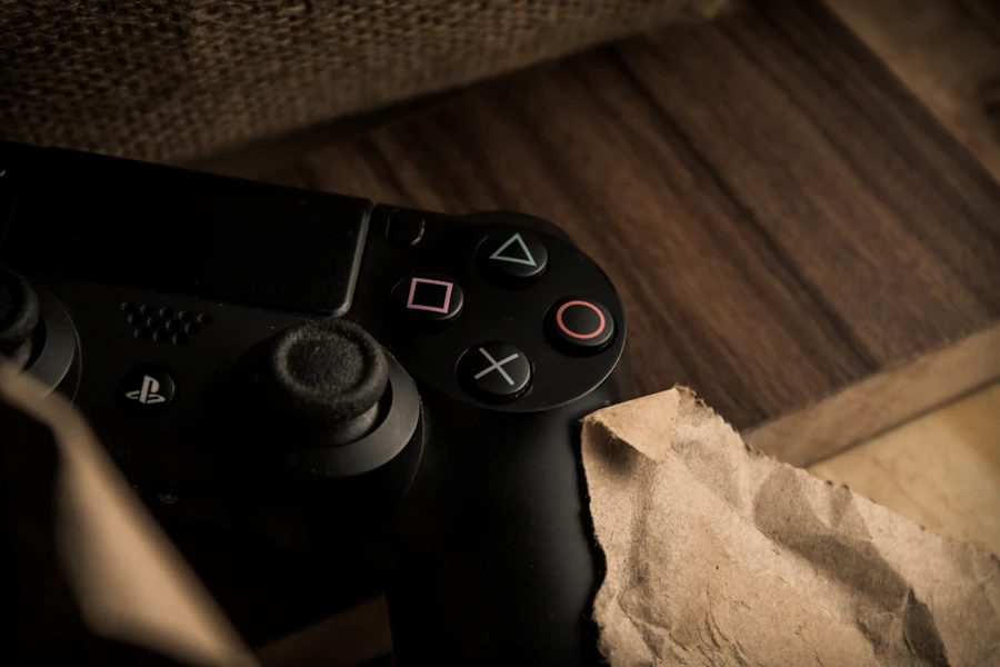 Stick controller yang tersimpan rapi di rak khusus.