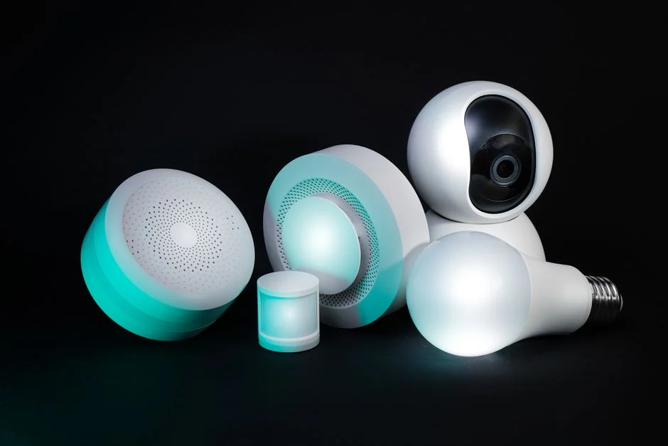 Berbagai perangkat smart home seperti smart speaker, kamera, dan smart lock yang terhubung dalam satu sistem.