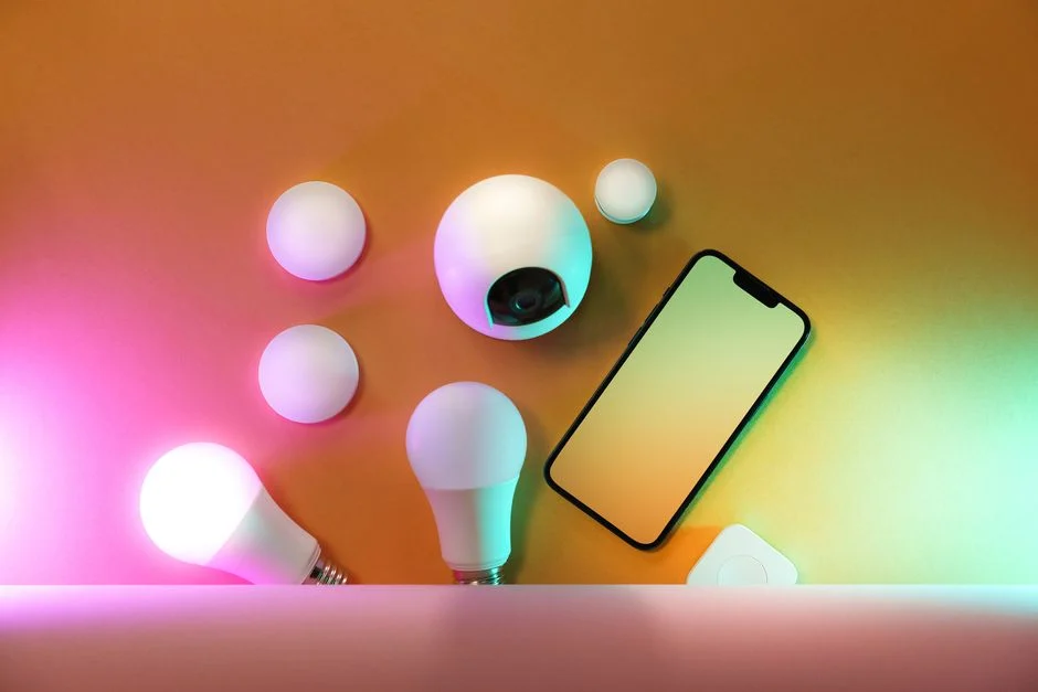 Seseorang sedang mengatur lampu pintar menggunakan smartphone.
