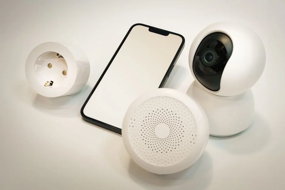 Seorang wanita sedang mengecek notifikasi dari kamera keamanan smart home di ponselnya.